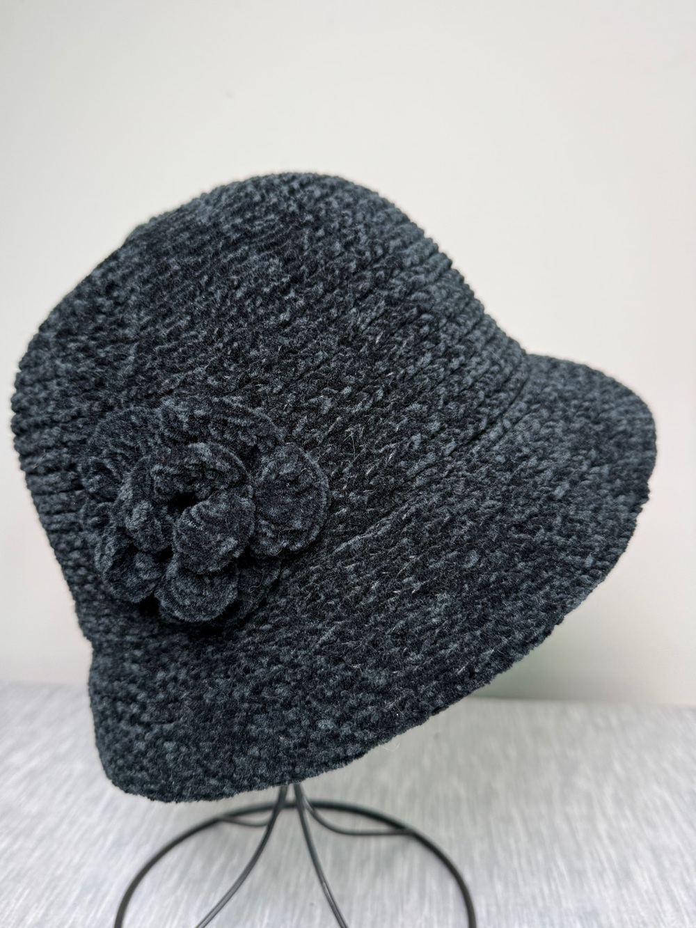 August Hat Co Boucle Knit Cloche Flower Trim Black One Size